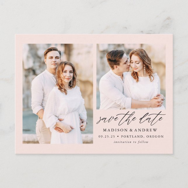 Carte Postale Faire-part Rouge | Photo de mariage Élégante Écriture 2 Save  (Devant)