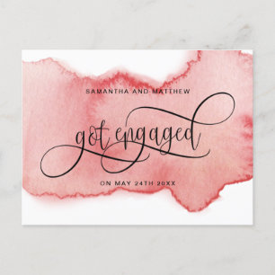 Carte Postale Faire-part Rouge rosé aquarelle fiançailles, Engagement
