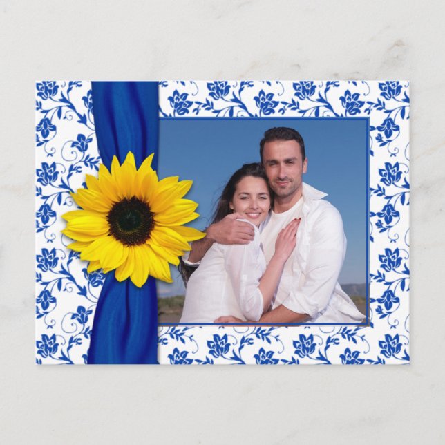 Carte Postale Faire-part Royal Blue Yellow Damask Sunflower Enregistrer la  (Devant)