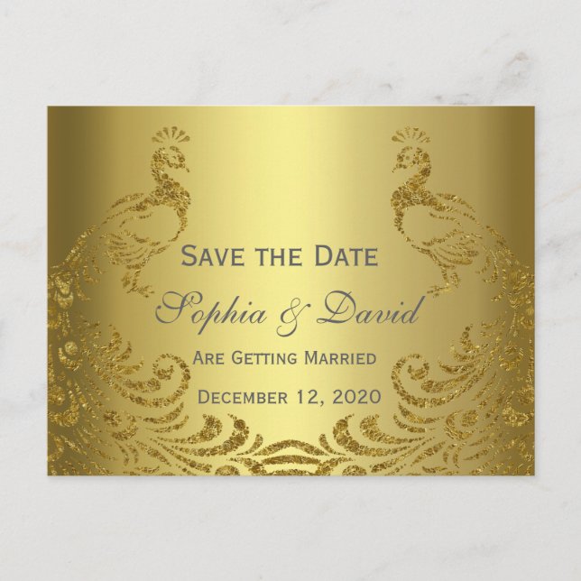Carte Postale Faire-part Royal Gold Abstrait Paon Mariage SAUVEGARDEZ LA DA (Devant)