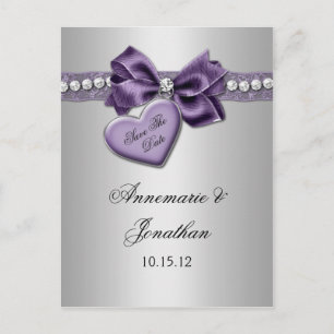 Carte Postale Faire-part Ruban De Coeur Violet Diamants Argent Enregistrer 