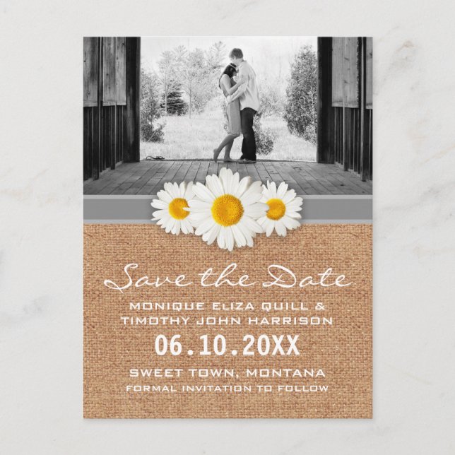 Carte Postale Faire-part Ruban de marguerite - Burlap gris et blanc Enregis (Devant)