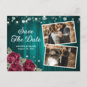 Carte Postale Faire-part Russe Turquoise et Bourgogne Floral Mariage Photo