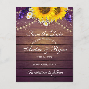 Carte Postale Faire-part Russe violet Jaune Tournesol Floral Country Grange