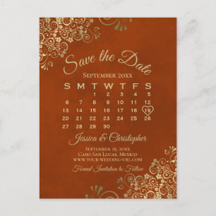 Carte Postale Faire-part Rust Orange & Gold Wedding Enregistrer le calendri