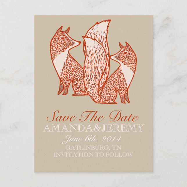 Carte Postale Faire-part Rust Red et ivoire renards Enregistrer la date (Devant)