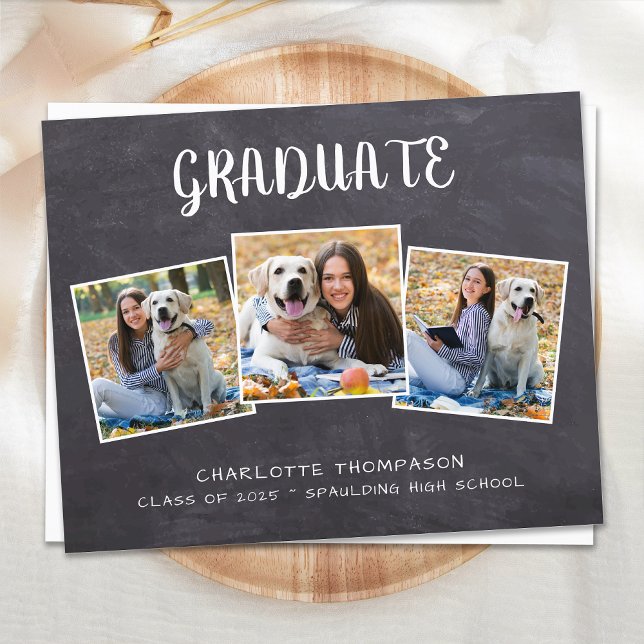 Carte Postale Faire-part Rustic 3 Photo Chalkboard Graduation (Créateur téléchargé)