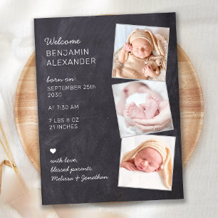 Carte Postale Faire-part Rustic 3 Photo Nouveau Baby Chalkboard naissance