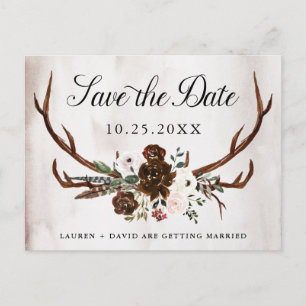Carte Postale Faire-part Rustic Antlers Bourgogne rose florale Enregistrer 