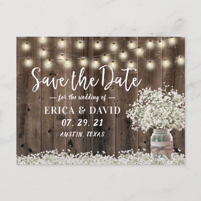 Carte Postale Faire-part Rustic Baby's Breath Barn Wood Save the Date (Devant)