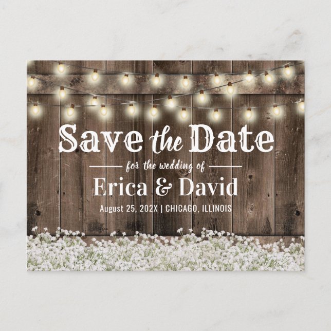Carte Postale Faire-part Rustic Baby's Breath String Lights Enregistrer la  (Devant)