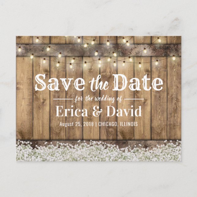 Carte Postale Faire-part Rustic Baby's Breath String Lights Enregistrer la  (Devant)