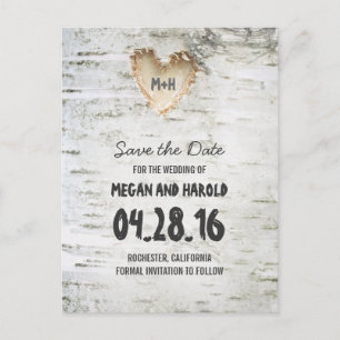 Carte Postale Faire-part Rustic Birch Bark Heart enregistrer la date