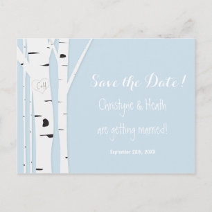 Carte Postale Faire-part Rustic Birch Tree Heart Blue Enregistrer la date C