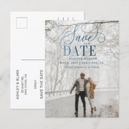 Carte Postale Faire-part Rustic Blue Script Photo Enregistrer la date