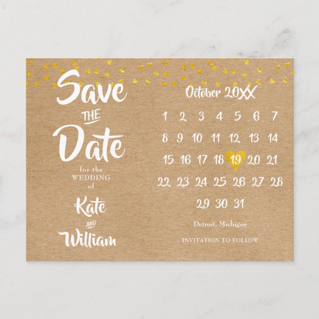 Carte Postale Faire-part Rustic Boho Enregistrer la date Calendrier Gold He (Devant)