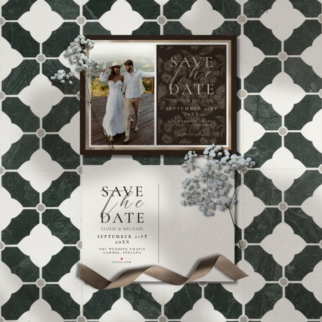 Carte Postale Faire-part Rustic Brown Botanical Pattern Photo Wedding (Announce your big day in a sophisticated style with this Rustic Brown Botanical Pattern Photo Card!)