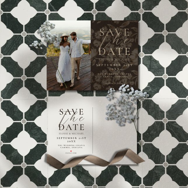 Carte Postale Faire-part Rustic Brown Botanical Pattern Photo Wedding (Announce your big day in a sophisticated style with this Rustic Brown Botanical Pattern Photo Card!)