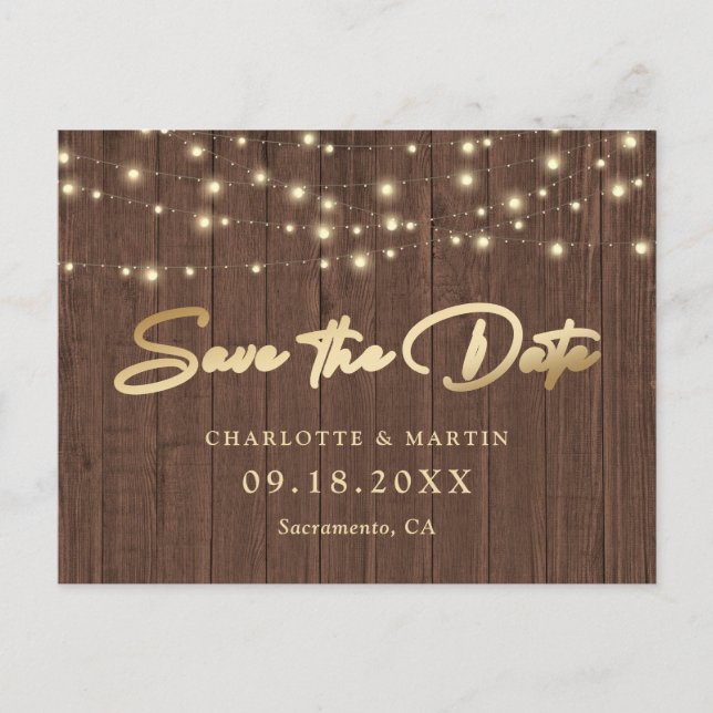 Carte Postale Faire-part Rustic Chic Wood Lights Mariage Enregistrer La Dat (Devant)