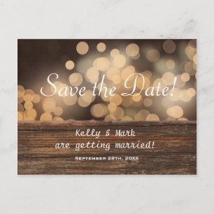 Carte Postale Faire-part Rustic Country Bokeh Lights Enregistrer la date Ca