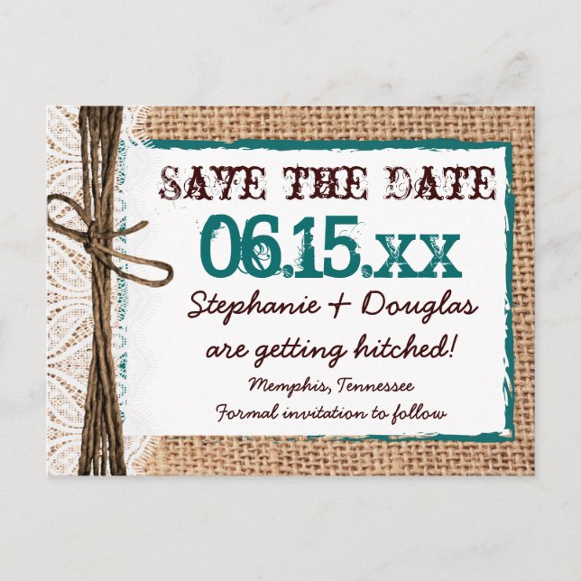 Carte Postale Faire-part Rustic Country Burlap Turquoise Enregistrer la dat (Devant)