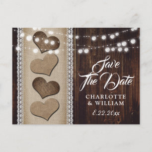 Carte Postale Faire-part Rustic Country Wood Hearts Chaîne Lumières Mariage