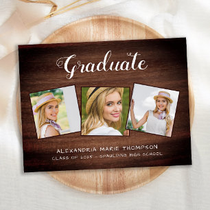 Carte Postale Faire-part Rustic Graduate Custom 3 Photo Wood Graduation