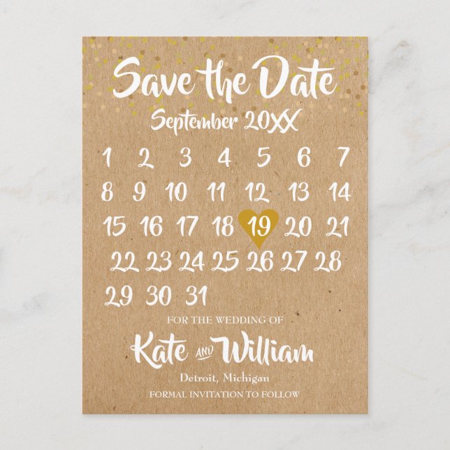 Carte Postale Faire-part Rustic Kraft Calendrier Boho Enregistrer la photo  (Devant)