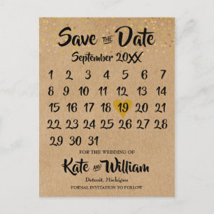 Carte Postale Faire-part Rustic Kraft Gold Heart Calendar Enregistrer la da