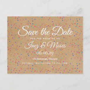 Carte Postale Faire-part Rustic Kraft Rainbow Confetti Enregistrer la date