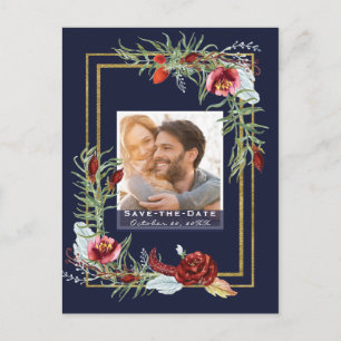 Carte Postale Faire-part Rustic Marsala Floral Navy Photo Enregistrer la da