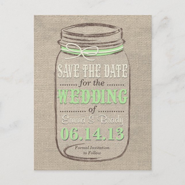 Carte Postale Faire-part Rustic Mason Jar Enregistrer la date Vert clair (Devant)