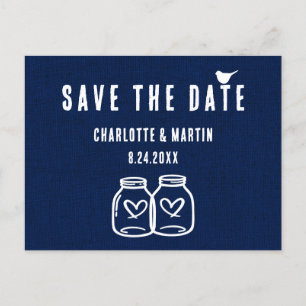 Carte Postale Faire-part Rustic Navy Blue Burlap Mariage Enregistrer La Dat