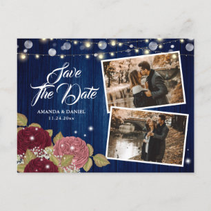 Carte Postale Faire-part Rustic Navy Burgundy Blush 2 Photo Enregistrer La 