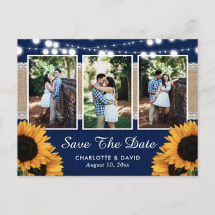 Carte Postale Faire-part Rustic Navy Tournesol Enregistrer La Date Photo Ca