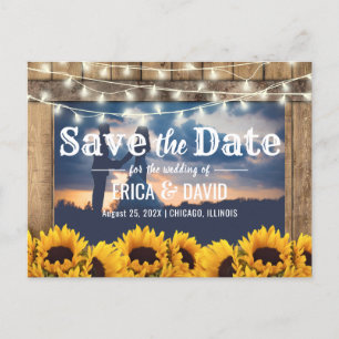 Carte Postale Faire-part Rustic Sunflower String Lights Photo Enregistrer l