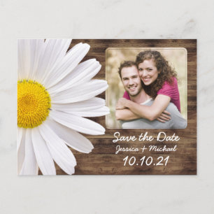 Carte Postale Faire-part Rustic White Daisy Wood Photo Mariage Enregistrer