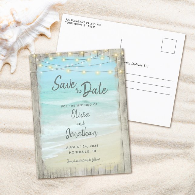 Carte Postale Faire-part Rustic Wood Beach Ocean Mariage Chaîne Économisez (Créateur téléchargé)