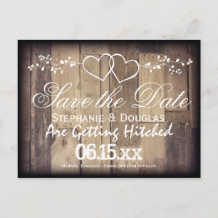 Carte Postale Faire-part Rustic Wood Double Hearts Enregistrer la date Cart