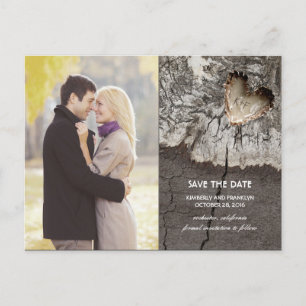 Carte Postale Faire-part Rustic Wood Heart Birch Bark Photo Enregistrer la 