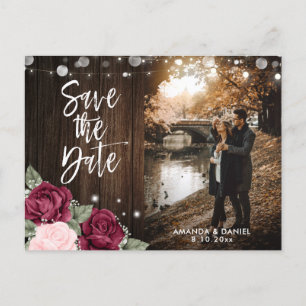Carte Postale Faire-part Rustique Bourgogne et Blush Floral Mariage Photo