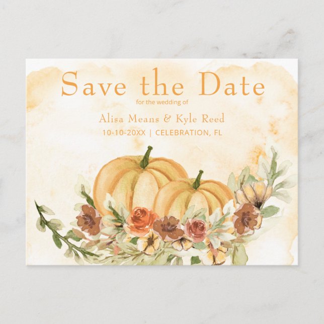 Carte Postale Faire-part Rustique Enregistrer la date Citrouille Mariage Un (Devant)