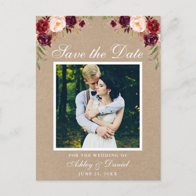 Carte Postale Faire-part Rustique Floral Bourgogne Enregistrer la date Phot (Devant)