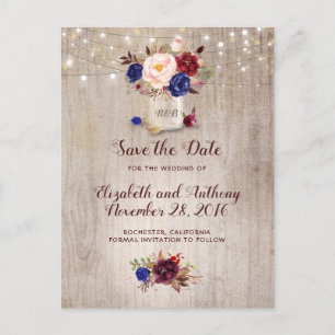Carte Postale Faire-part Rustique Floral Burgundy Marine Bleu Enregistrer l