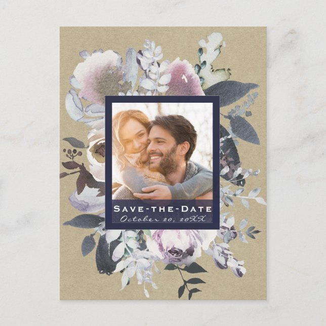 Carte Postale Faire-part Rustique Floral Glam Navy Kraft Photo Enregistrer  (Devant)