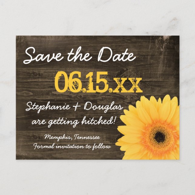 Carte Postale Faire-part Rustique Jaune Daisy Bois Enregistrer La Date Cart (Devant)