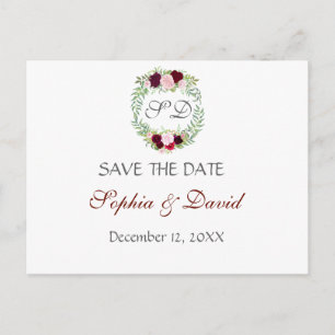 Carte Postale Faire-part Rustique Marsala Floral Wreath ENREGISTRER LA DATE