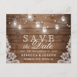 Carte Postale Faire-part Rustique Mason Jar Lights Lace Wedding Enregistrer