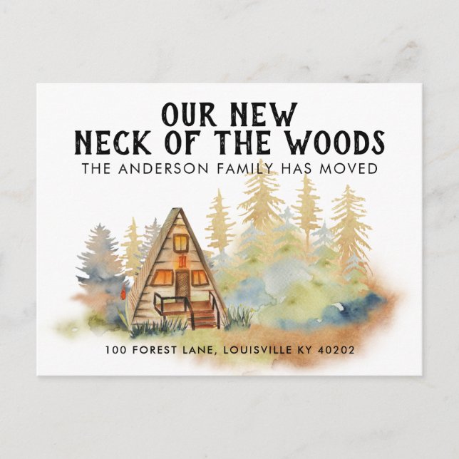 Carte Postale Faire-part Rustique Notre Nouveau Coin de Bois Arbres Cabane  (Devant)