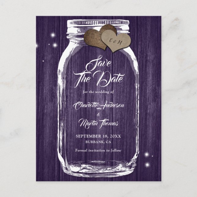 Carte Postale Faire-part Rustique Purple Mason Jar Mariage de automne Enreg (Devant)